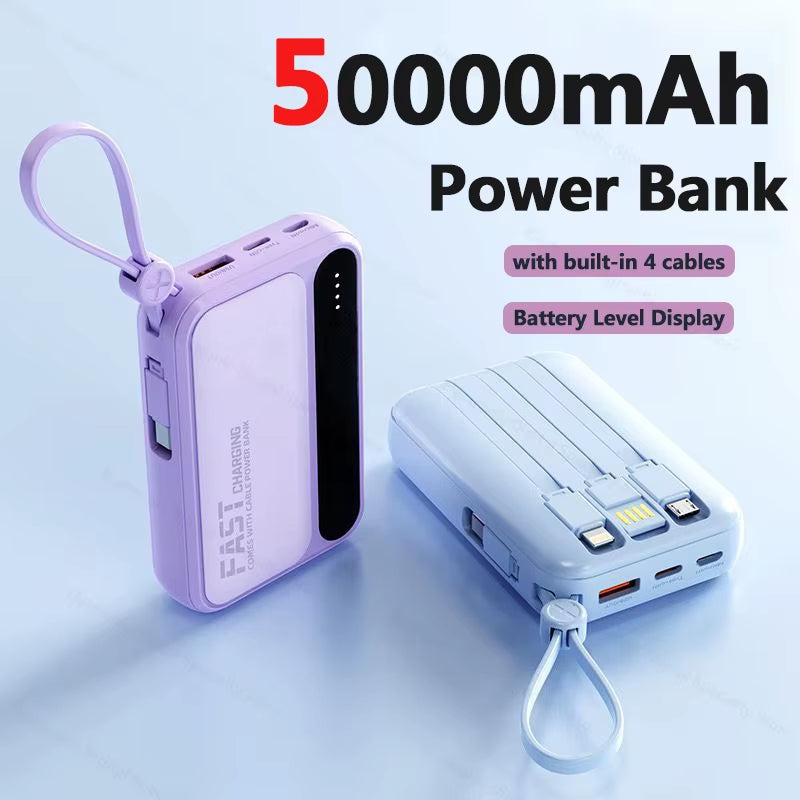 Power Bank 50,000mAh Carga Rápida | Batería Portátil de Alta Capacidad con 4 Cables Integrados – Compatible con iPhone y Samsung