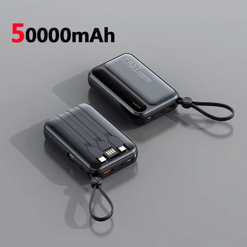 Power Bank 50,000mAh Carga Rápida | Batería Portátil de Alta Capacidad con 4 Cables Integrados – Compatible con iPhone y Samsung