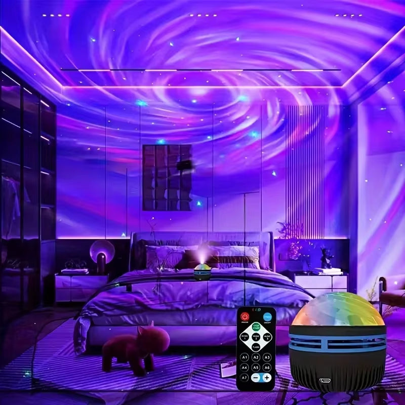Proyector Galaxy USB con Efecto Aurora RGB – Luces Nocturnas 5V Transforma tu habitación en un espectáculo de luces con este proyector Galaxy que rota automáticamente y responde al sonido. Ideal para cine en casa, decoración de habitaciones o fiestas, incluye control remoto y compatibilidad DMX para una experiencia totalmente personalizada.